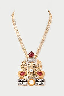 Gold Finish Red Synthetic Stone Long Pendant Necklace