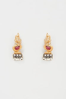 Gold Finish Red Synthetic Stone Dangler Earrings