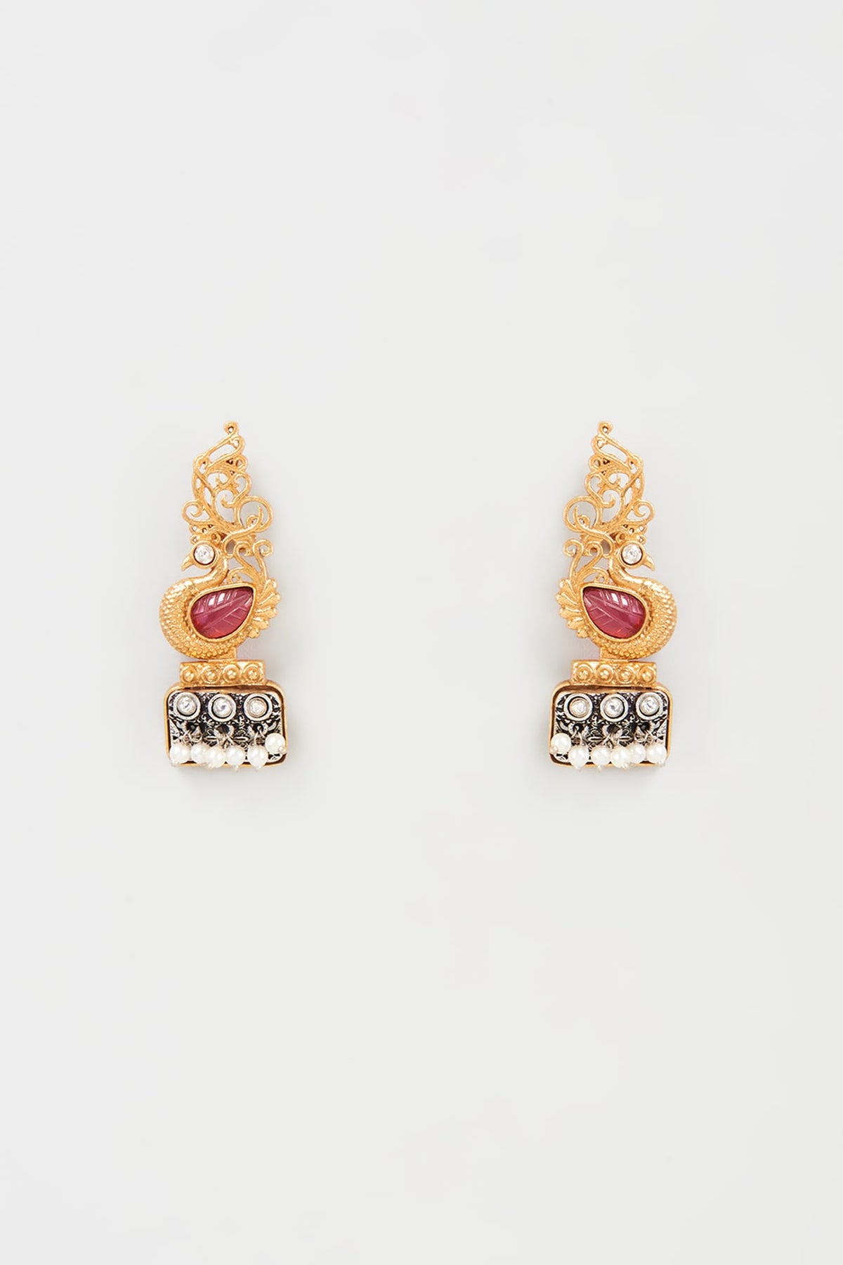 Gold Finish Red Synthetic Stone Dangler Earrings