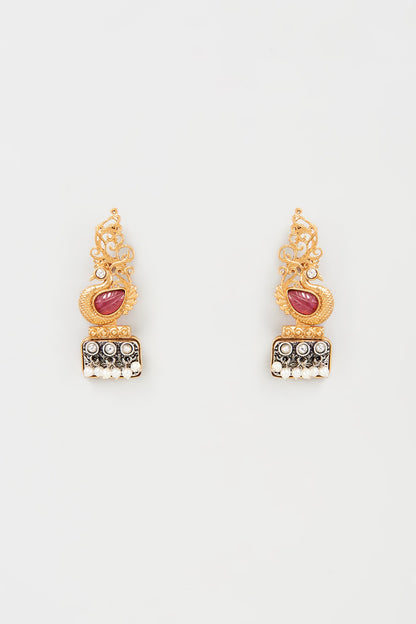 Gold Finish Red Synthetic Stone Dangler Earrings