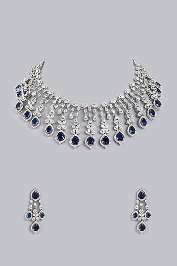White Finish Blue Zircons Necklace Set