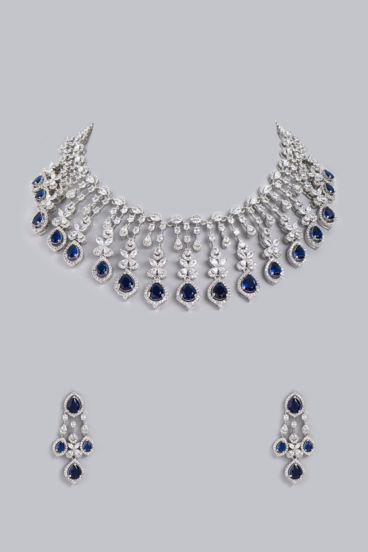White Finish Blue Zircons Necklace Set