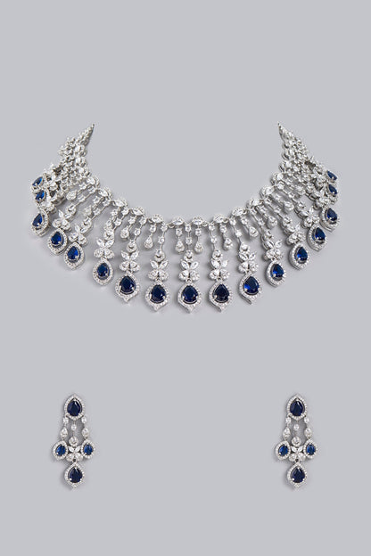 White Finish Blue Zircons Necklace Set