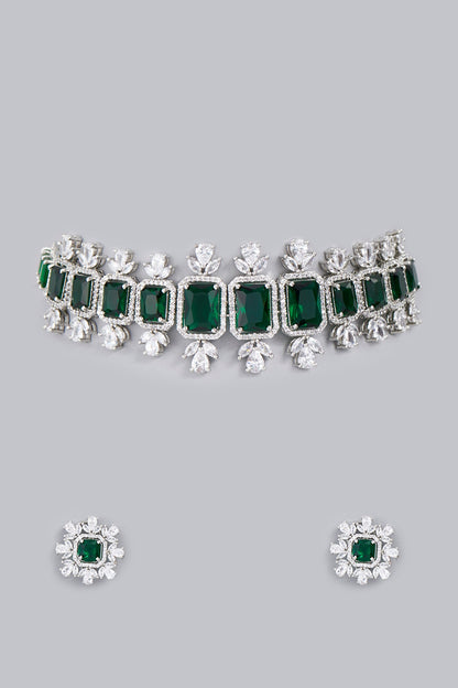 White Finish Green Zircons Necklace Set