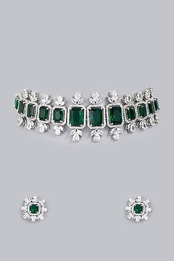 White Finish Green Zircons Necklace Set