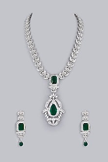 White Finish Green Zircons Long Necklace Set
