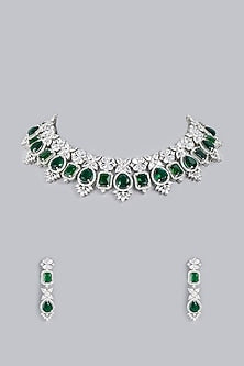 White Finish Necklace Set With Green Zircons
