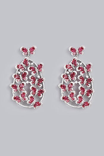 White Finish Red Zircons Dangler Earrings