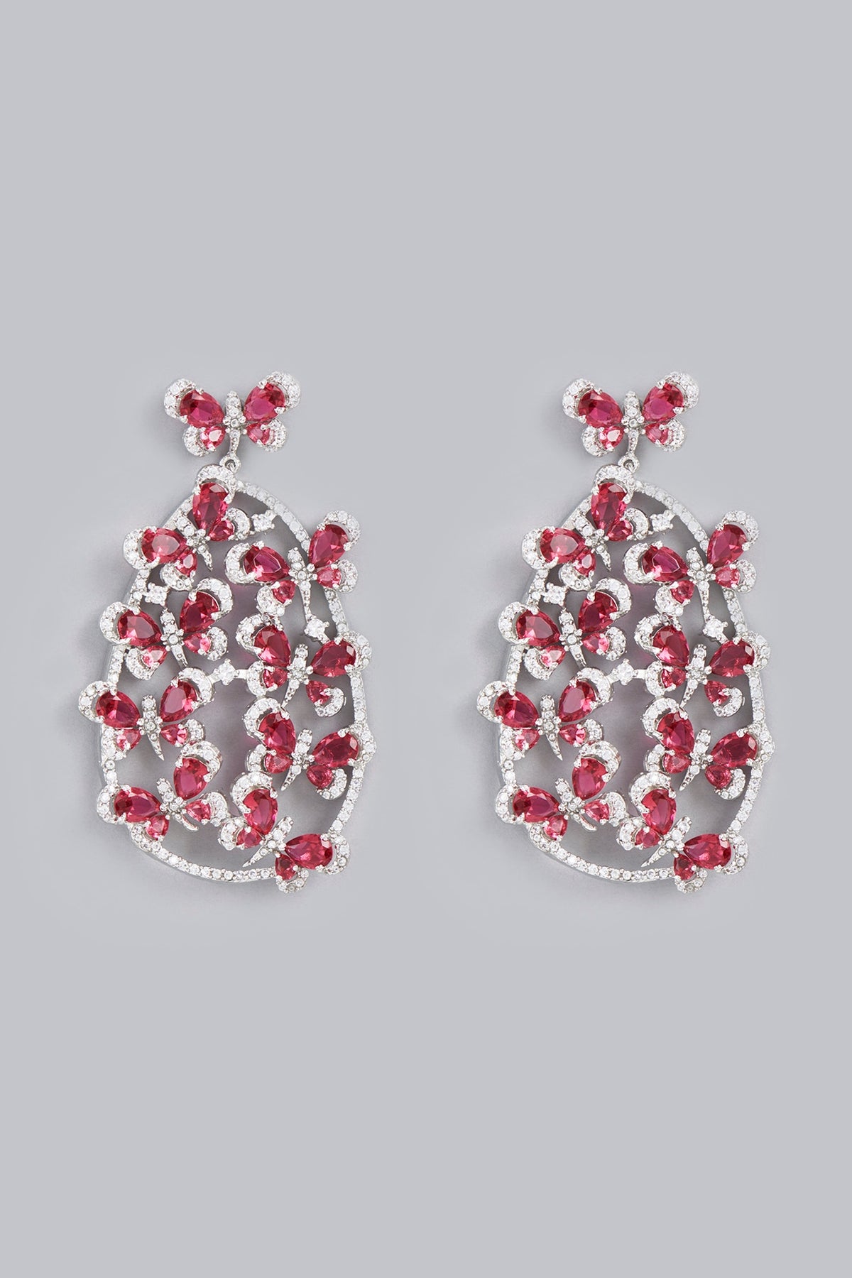 White Finish Red Zircons Dangler Earrings