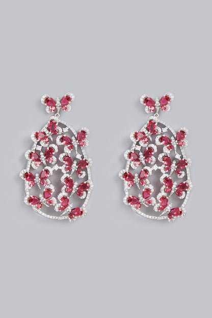 White Finish Red Zircons Dangler Earrings