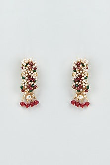 Gold Finish Red Stones & Pearls Dangler Earrings