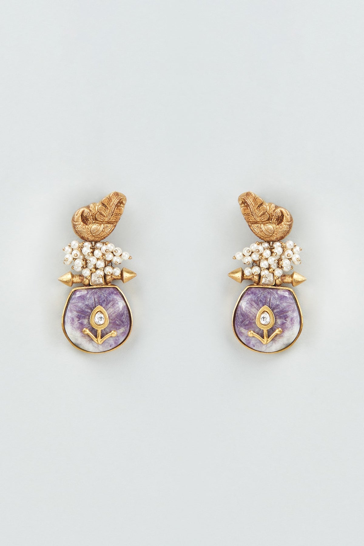 Gold Finish Purple Amethyst Drops & Beaded Dangler Earrings
