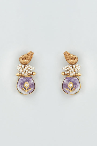 Gold Finish Purple Amethyst Drops & Beaded Dangler Earrings