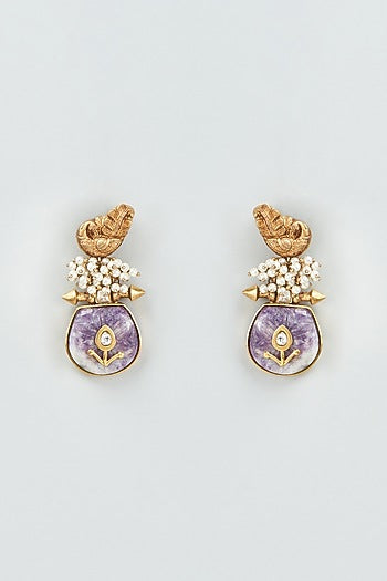 Gold Finish Purple Amethyst Drops & Beaded Dangler Earrings