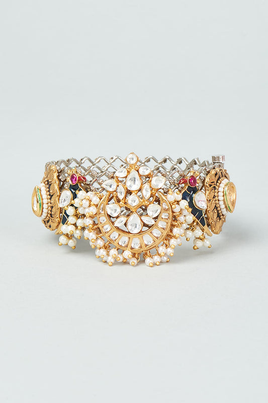 Gold Finish Kundan Polki & Pearl Openable Bangle