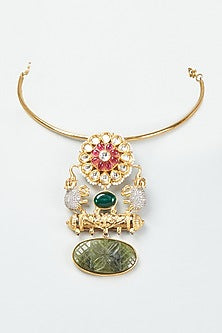 Gold Finish Green Stone & Kundan Polki Pendant Necklace