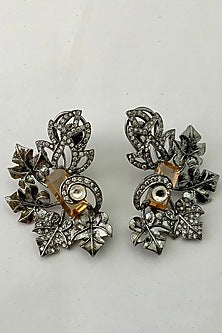 Antique Silver Finish Cubic Zirconium Leaf Earrings
