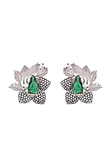 Antique Silver & Black Rhodium Finish Green Glass Earrings