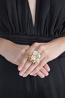 Gold Finish Baroque Pearl Adjustable Ring