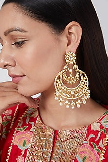 Gold Finish Kundan Polki Chandbali Earrings