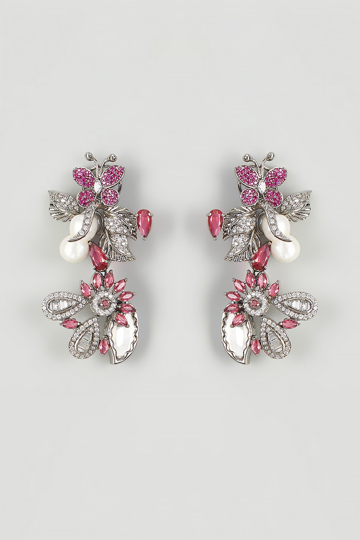 White Finish Red Cubic Zirconia Dangler Earrings