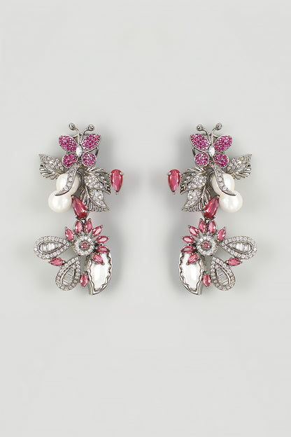 White Finish Red Cubic Zirconia Dangler Earrings