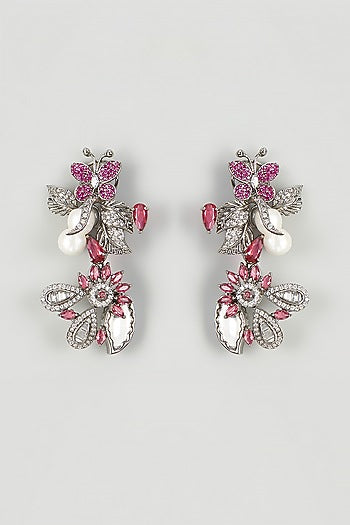 White Finish Red Cubic Zirconia Dangler Earrings