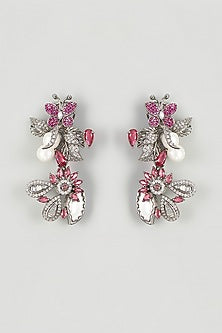 White Finish Red Cubic Zirconia Dangler Earrings