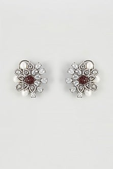 Antique Silver Finish Cubic Zirconia Floral Stud Earrings
