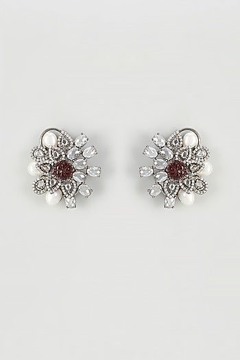 Antique Silver Finish Cubic Zirconia Floral Stud Earrings