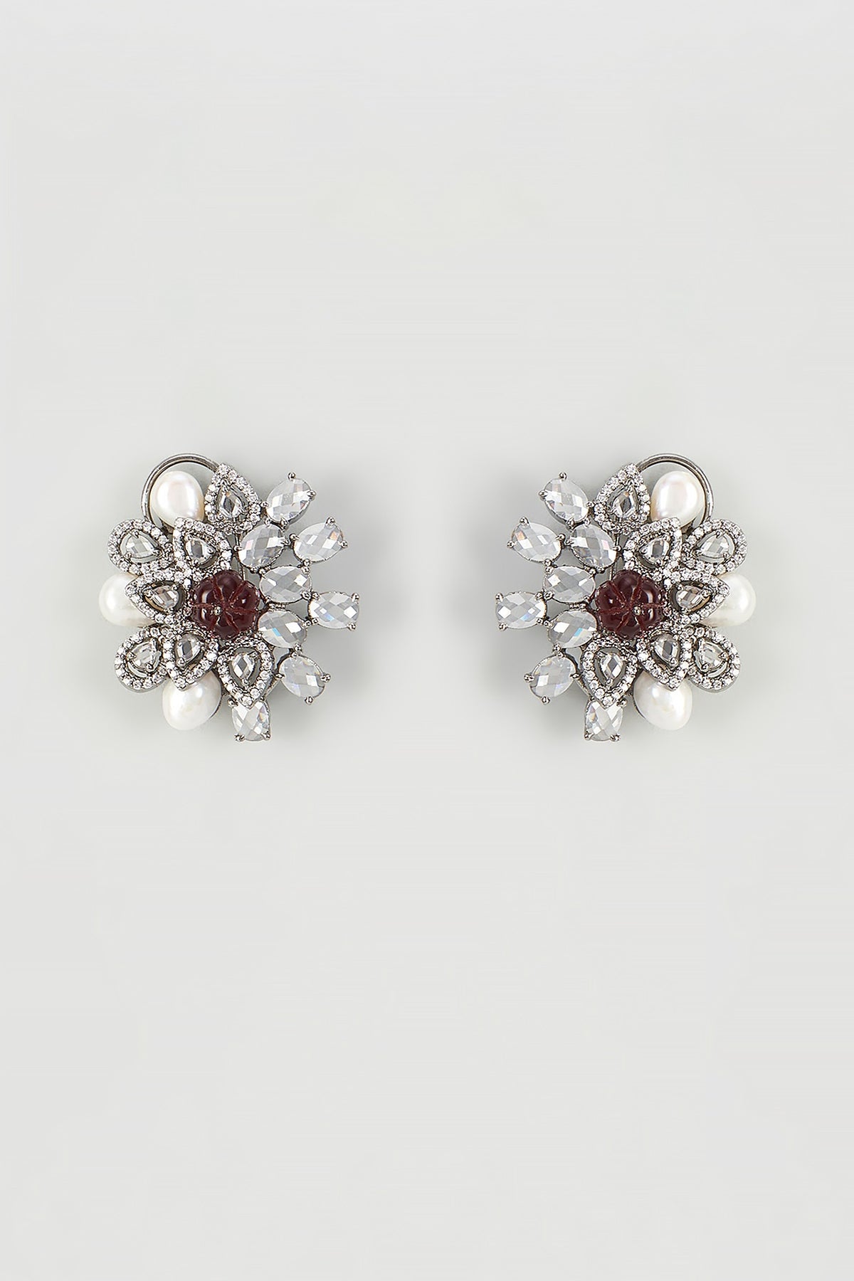 Antique Silver Finish Cubic Zirconia Floral Stud Earrings