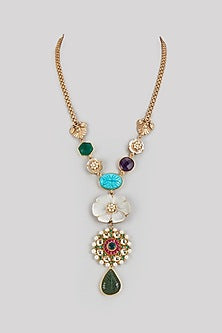Gold Finish Mother Of Pearl & Kundan Polki Long Necklace