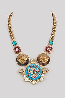 Gold Finish Turquoise Stone & Kundan Polki Long Necklace