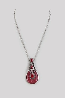 Black Rhodium Finish Carved Ruby & Cubic Zirconia Necklace