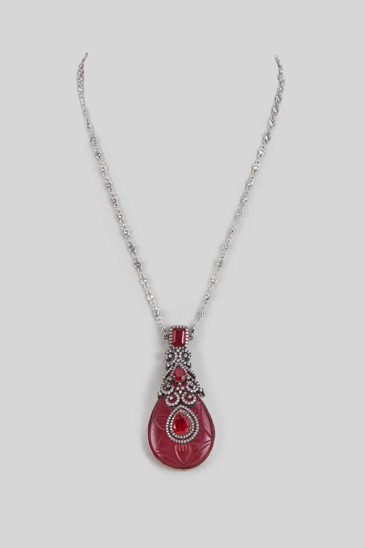 Black Rhodium Finish Carved Ruby & Cubic Zirconia Necklace
