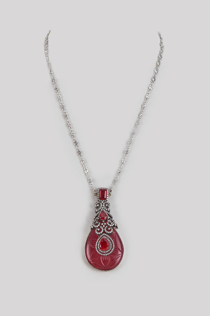 Black Rhodium Finish Carved Ruby & Cubic Zirconia Necklace