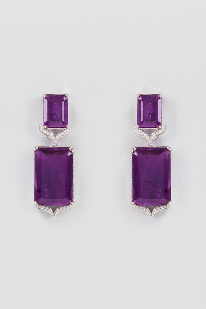 White Finish Purple Synthetic Stone Dangler Earrings