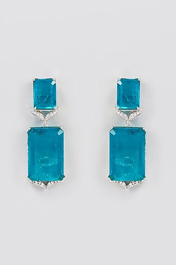 White Finish Aqua Synthetic Stone Dangler Earrings