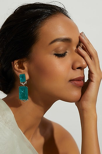 White Finish Aqua Synthetic Stone Dangler Earrings