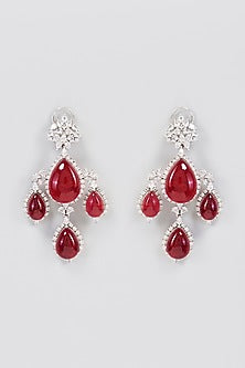 White Finish Red Synthetic Stone Dangler Earrings