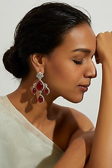 White Finish Red Synthetic Stone Dangler Earrings