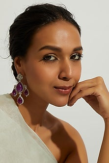 White Finish Purple Synthetic Stone Dangler Earrings