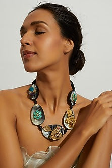 Gold Finish Turquoise Synthetic Stone Long Necklace