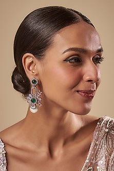 White Finish Green Stone & Cubic Zirconium Dangler Earrings