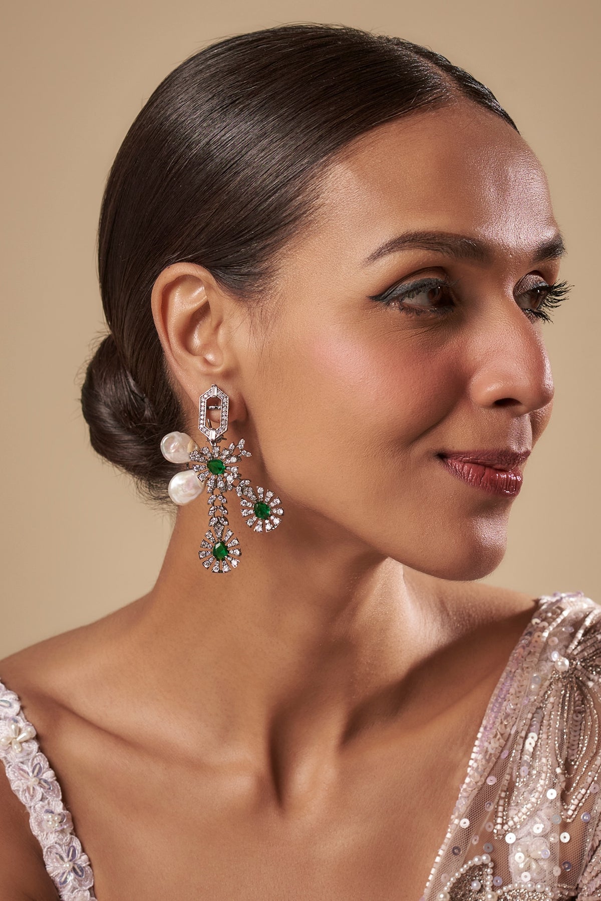 Black Rhodium Finish Green Stone & Cubic Zirconium Dangler Earrings