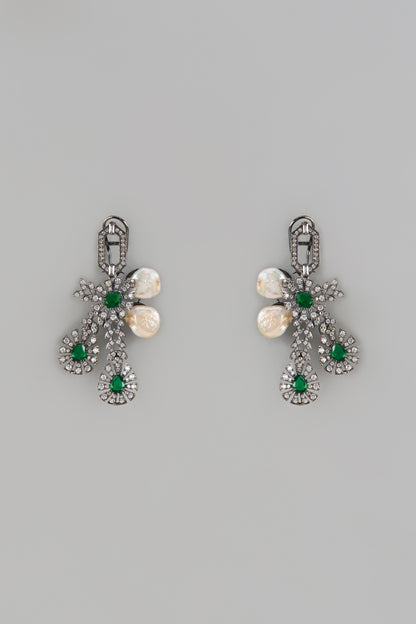 Black Rhodium Finish Green Stone & Cubic Zirconium Dangler Earrings