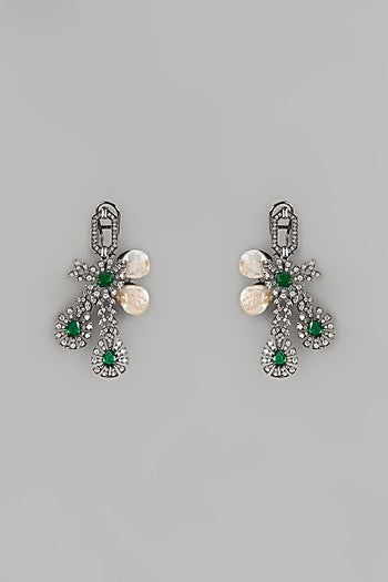 Black Rhodium Finish Green Stone & Cubic Zirconium Dangler Earrings