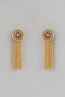 Gold Finish Ruby Stone Dangler Cuff Earrings