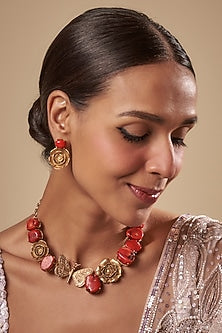Gold Finish Floral Motifs & Coral Stone Necklace Set