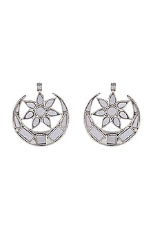 Antique Silver Finish Half Moon Small Mirror Earrings